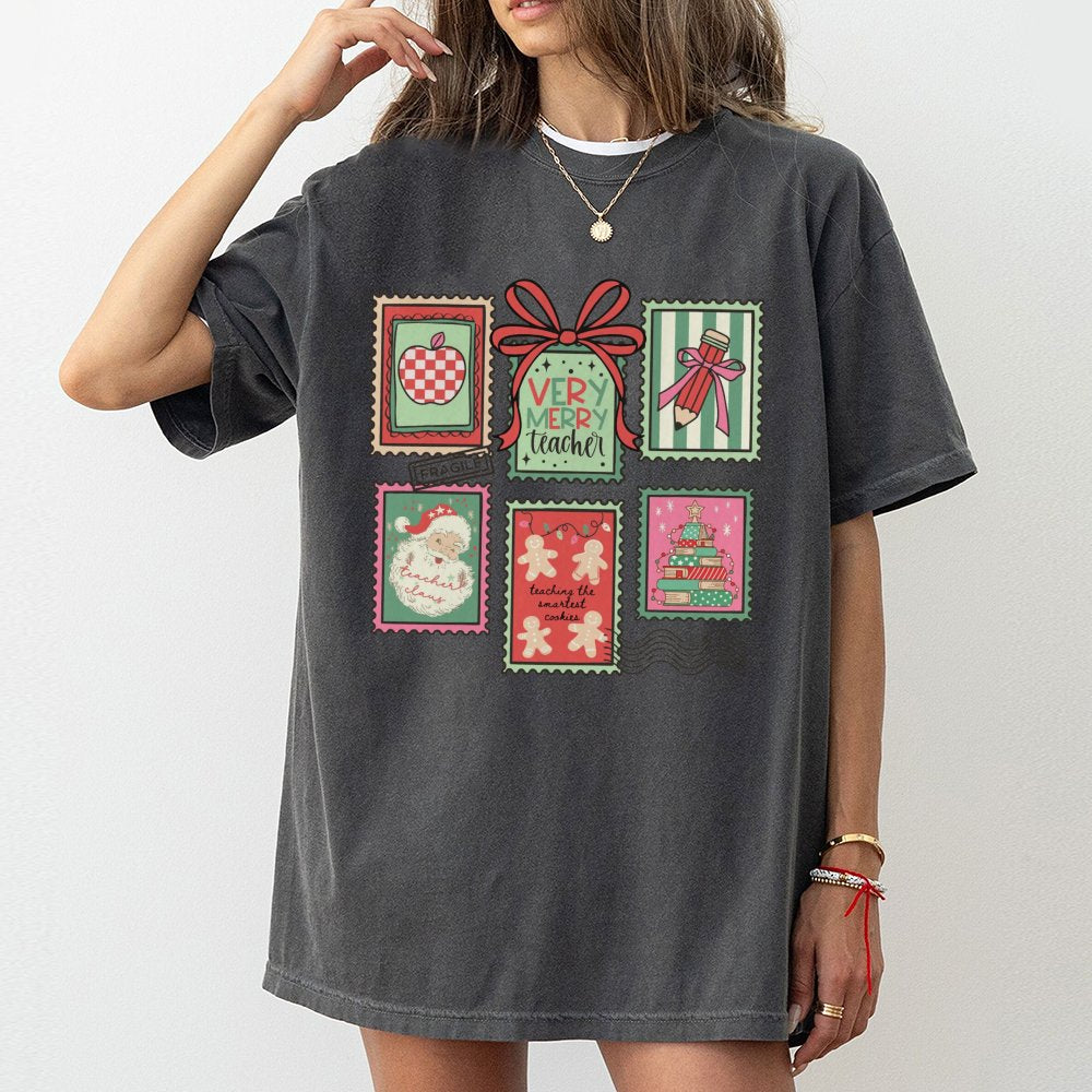 Teacher Christmas T-Shirt | Vintage Stamp Holiday Design | Premium Soft Cotton | Cute Educator Appreciation Gift