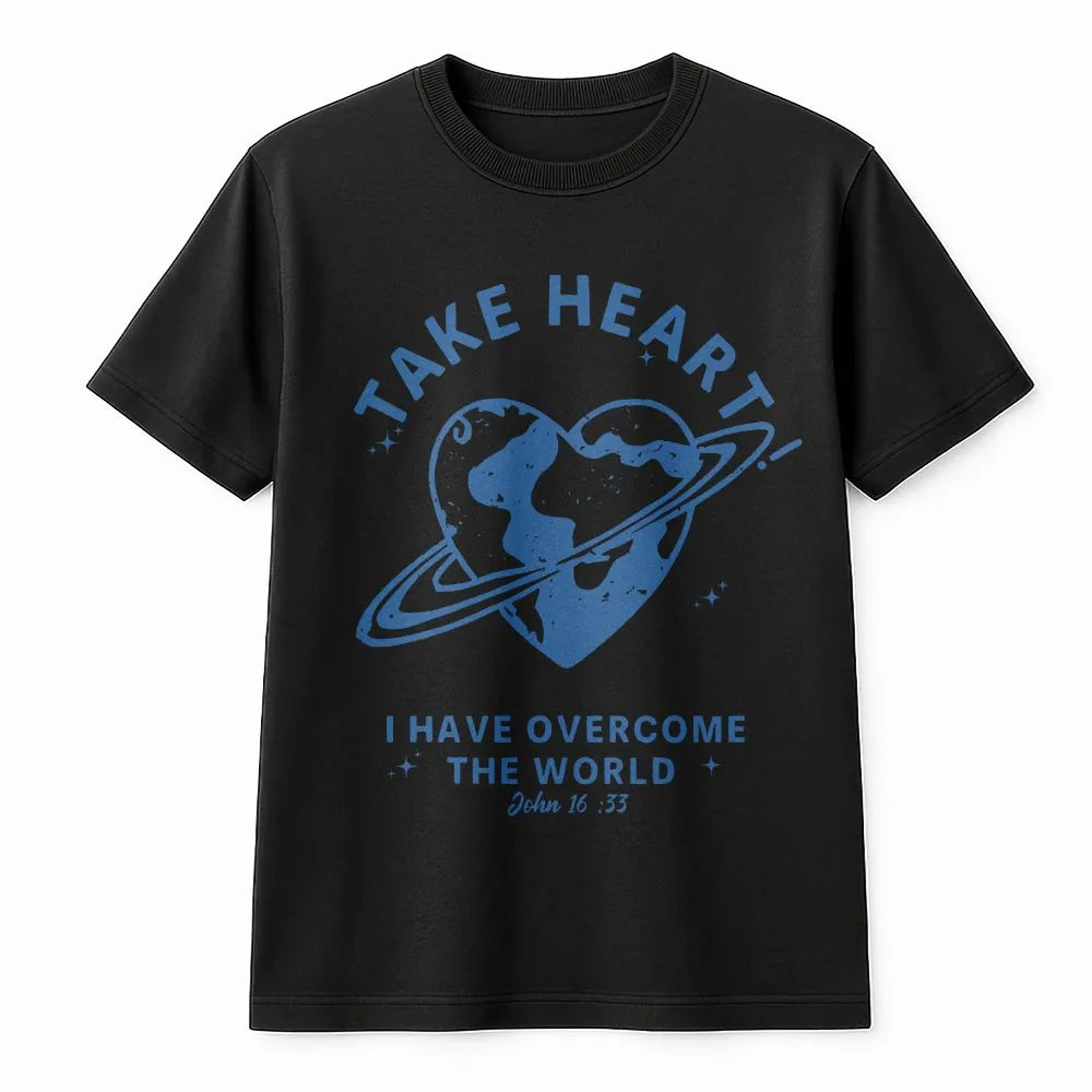 Christian T-Shirt | Take Heart John 16:33 Graphic | Soft Cotton Faith Tee | Religious Easter Gift for Men and Women