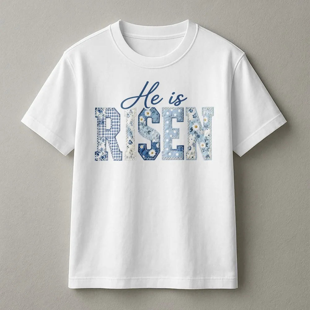 He Is Risen Sweatshirt | Blue Toile Patchwork Print Design | Soft Cotton Blend | Easter Gift for Christian Women