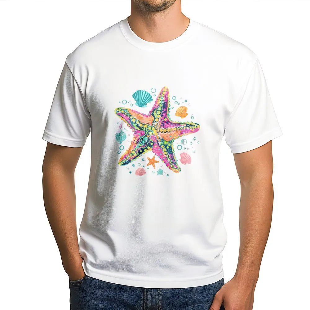 Starfish T-Shirt | Colorful Coastal Preppy Graphic | Soft Cotton-Poly Blend | Summer Vacation Gift for Beach Lover