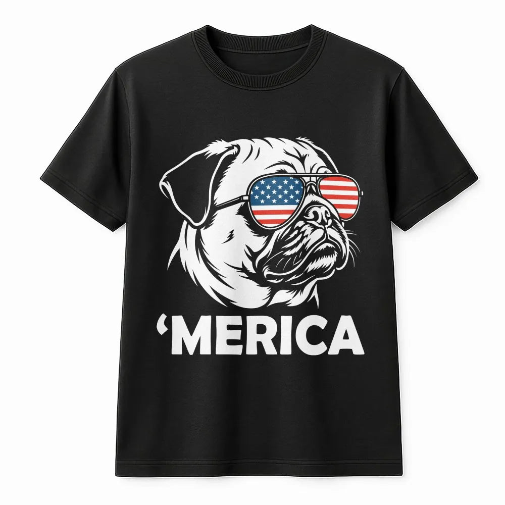 Funny Merica Pug Sweatshirt | Patriotic Dog with USA Flag Glasses | Cozy Unisex Crewneck | 4th of July Party Gift