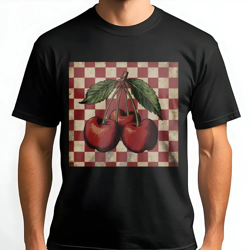 Vintage Cherry T-Shirt | Retro Checkerboard Fruit Graphic | Soft Cotton-Poly Blend | Y2K Aesthetic Gift for Women