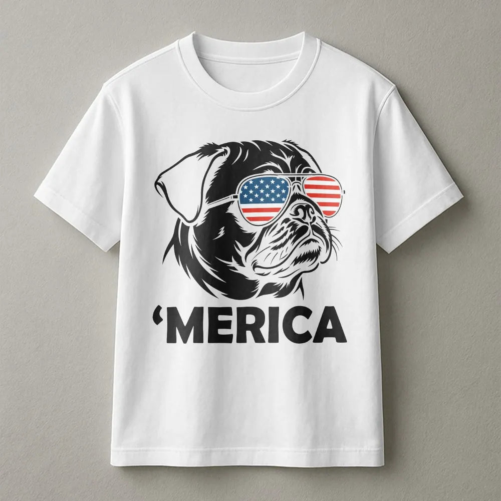 Funny Merica Pug Sweatshirt | Patriotic Dog with USA Flag Glasses | Cozy Unisex Crewneck | 4th of July Party Gift