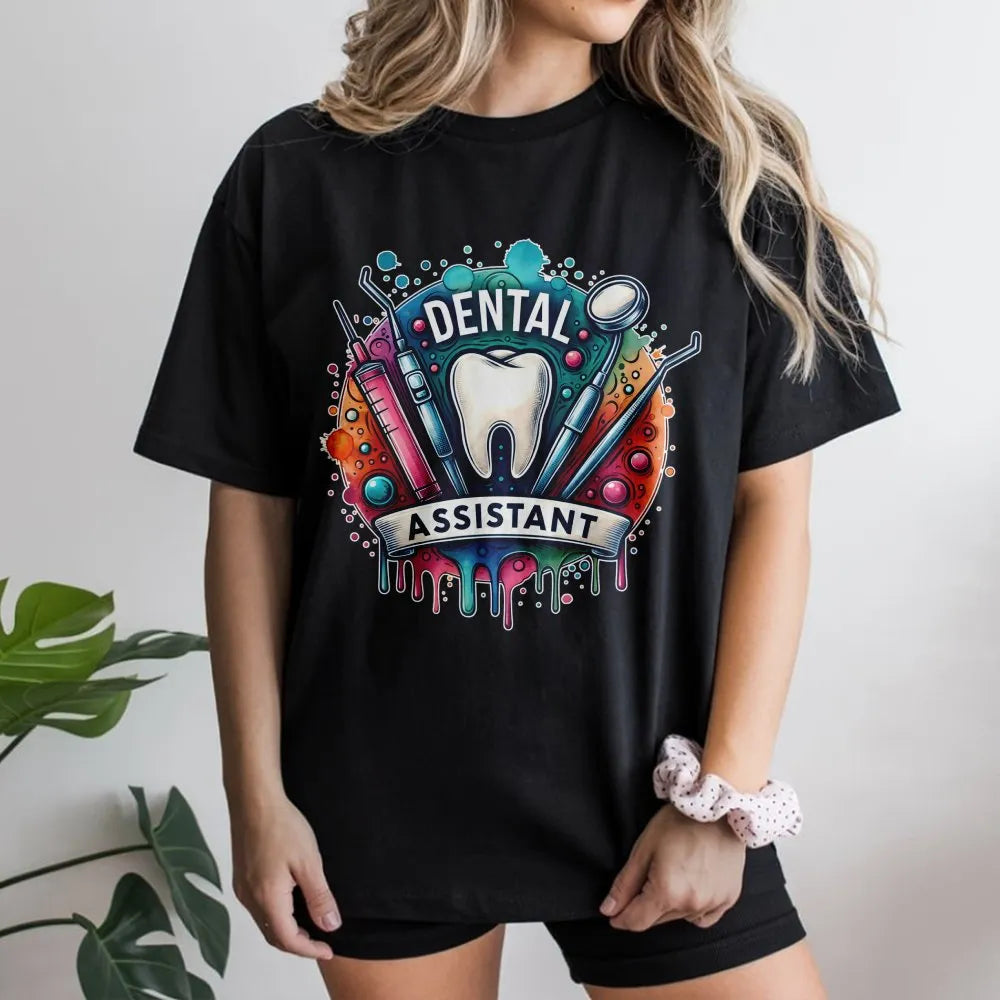 Dental Assistant T-Shirt | Watercolor Tooth Tools Design | Premium Soft Cotton | Dental Hygienist Graduation Gift