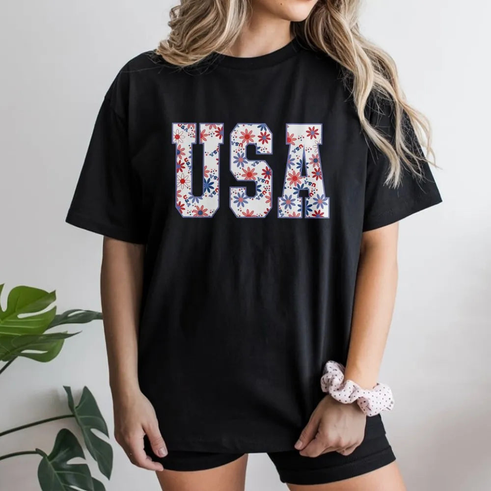 Patriotic USA T-Shirt | Red White and Blue Floral Print | Soft Unisex T-Shirt | 4th of July Independence Day Gift
