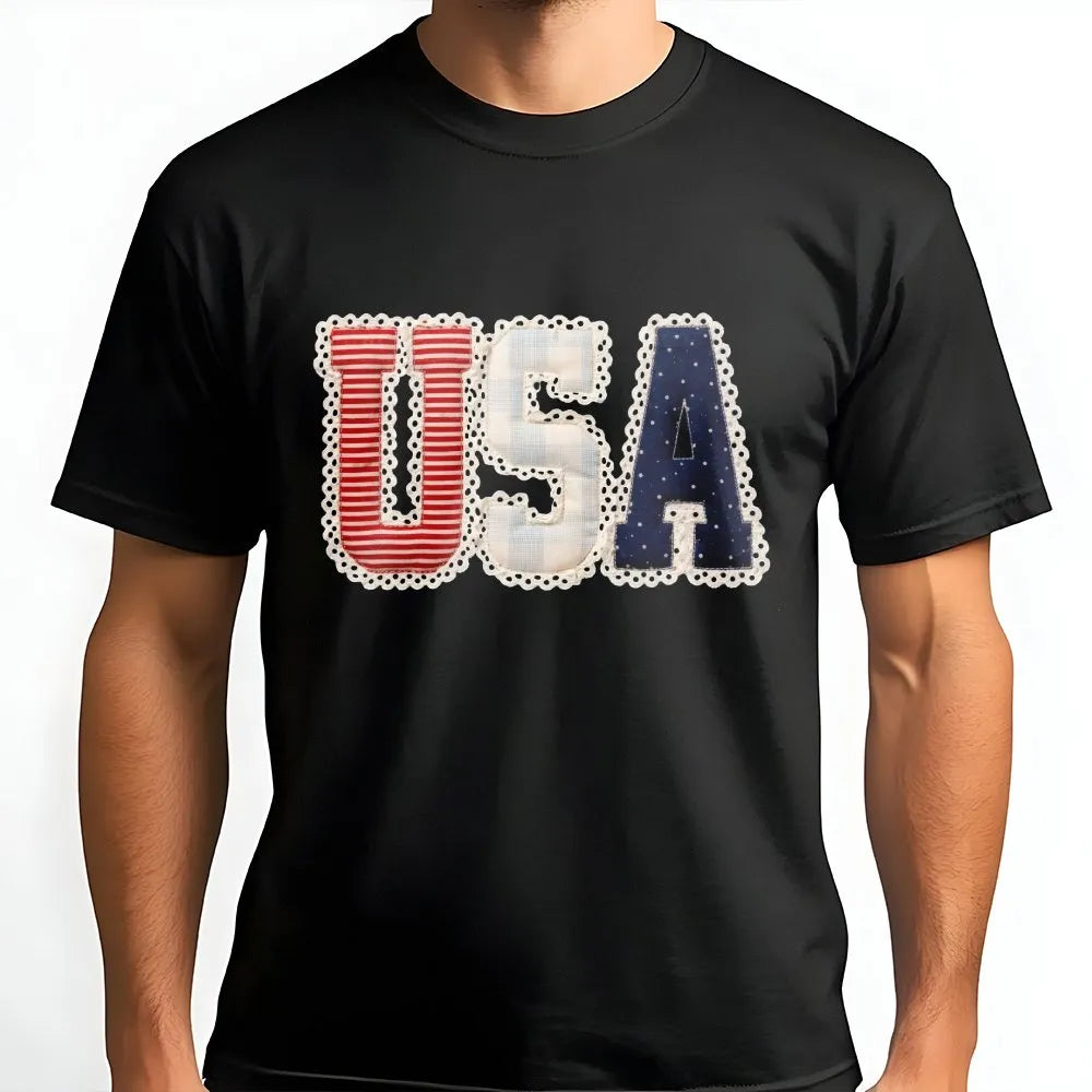 Preppy USA T-Shirt | Coquette Faux Patchwork Graphic | Soft Cotton Blend | Patriotic Independence Day Gift for Her