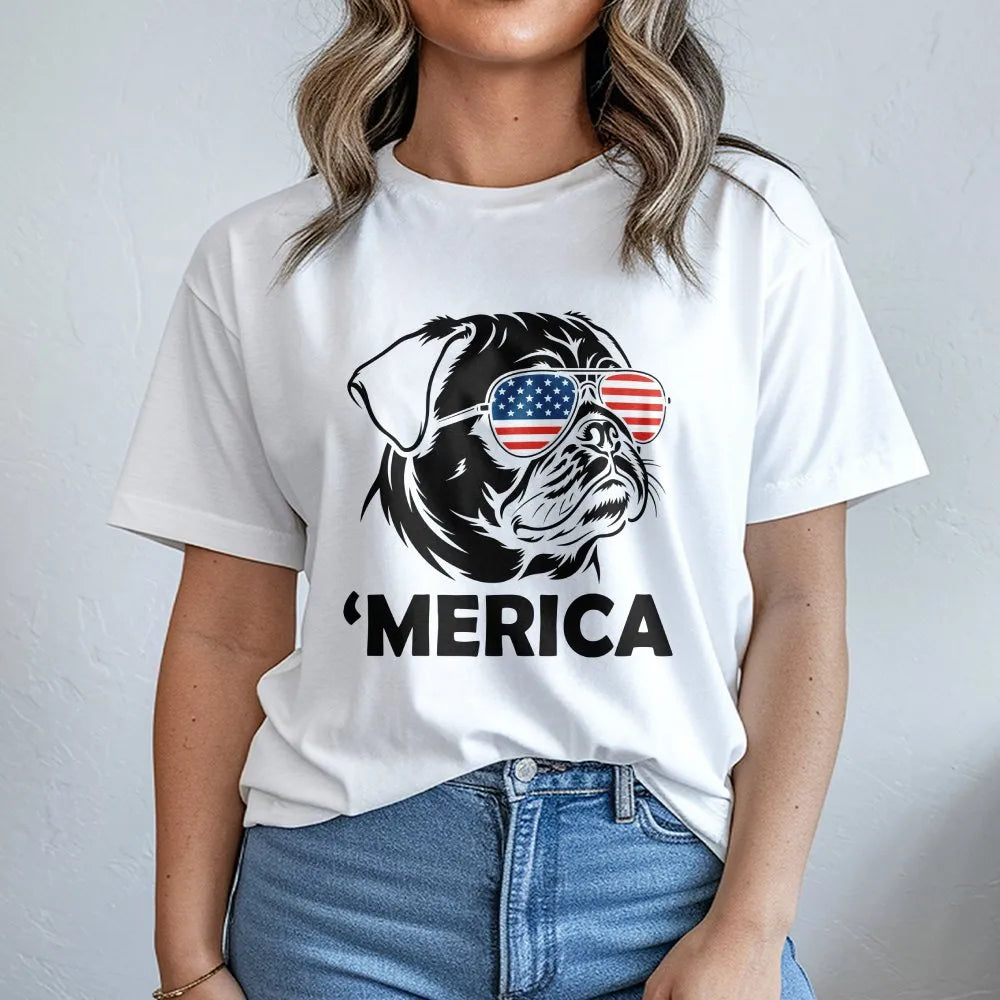 Funny Merica Pug Sweatshirt | Patriotic Dog with USA Flag Glasses | Cozy Unisex Crewneck | 4th of July Party Gift