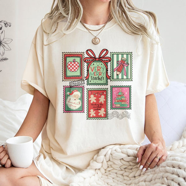 Teacher Christmas T-Shirt | Vintage Stamp Holiday Design | Premium Soft Cotton | Cute Educator Appreciation Gift