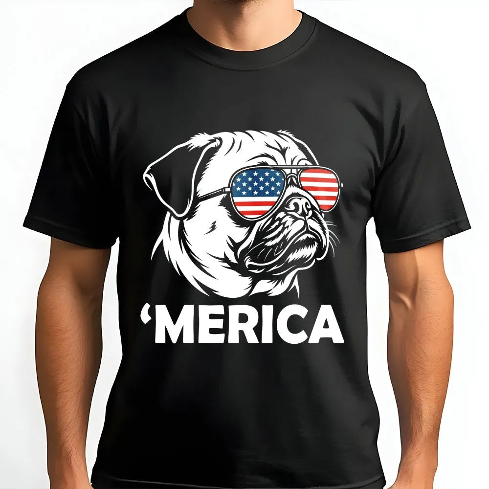 Funny Merica Pug Sweatshirt | Patriotic Dog with USA Flag Glasses | Cozy Unisex Crewneck | 4th of July Party Gift