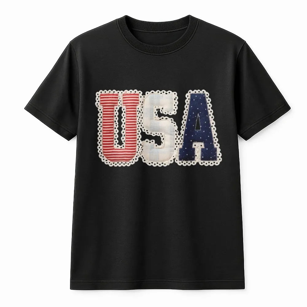 Preppy USA T-Shirt | Coquette Faux Patchwork Graphic | Soft Cotton Blend | Patriotic Independence Day Gift for Her