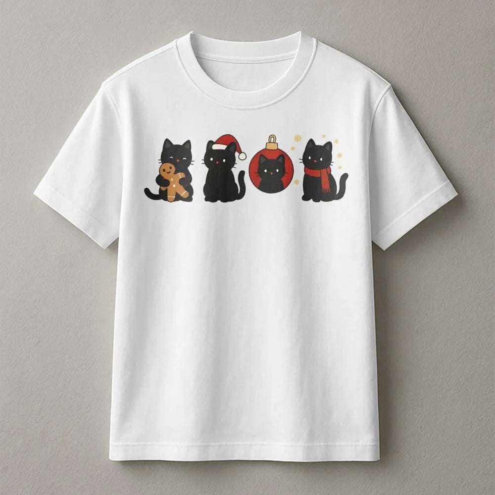 Black Cat Christmas T-Shirt | Festive Holiday Kittens Graphic | Soft Cotton Premium Tee | Cute Animal Lover Gift