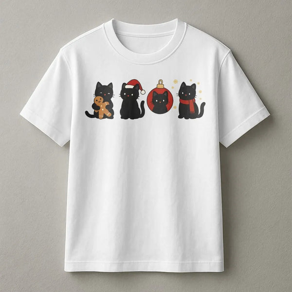Black Cat Christmas T-Shirt | Festive Holiday Kittens Graphic | Soft Cotton Premium Tee | Cute Animal Lover Gift