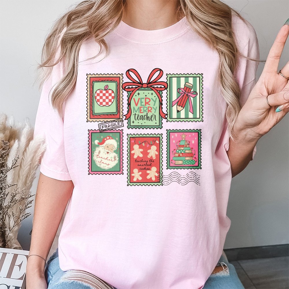Teacher Christmas T-Shirt | Vintage Stamp Holiday Design | Premium Soft Cotton | Cute Educator Appreciation Gift