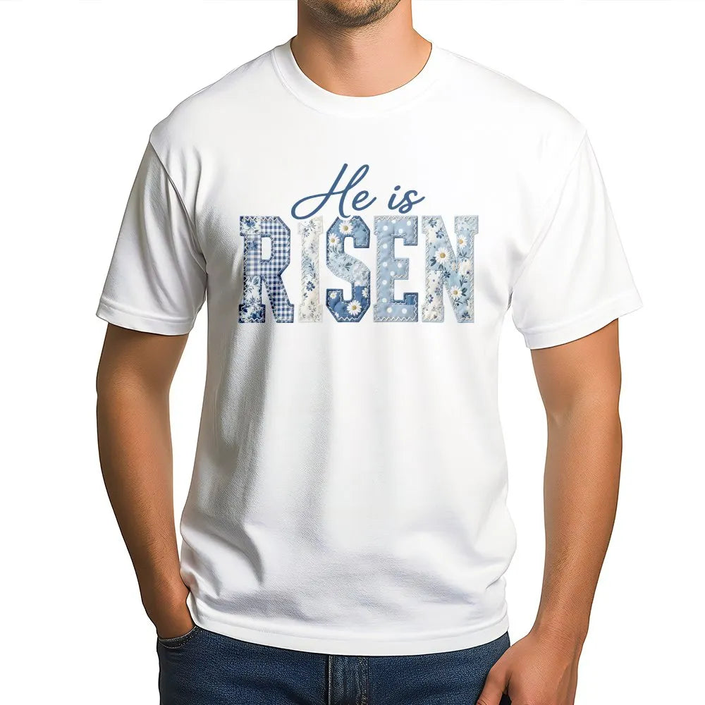He Is Risen Sweatshirt | Blue Toile Patchwork Print Design | Soft Cotton Blend | Easter Gift for Christian Women
