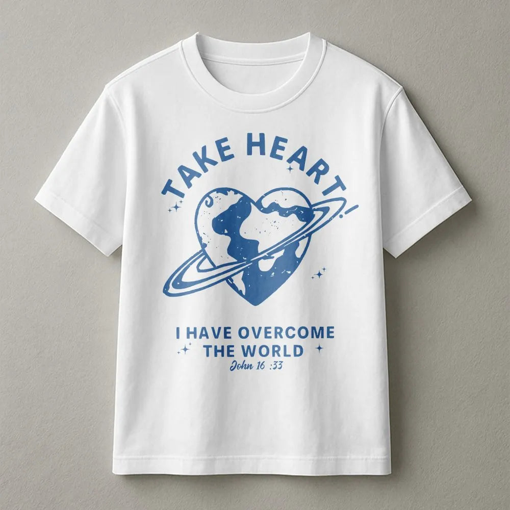 Christian T-Shirt | Take Heart John 16:33 Graphic | Soft Cotton Faith Tee | Religious Easter Gift for Men and Women