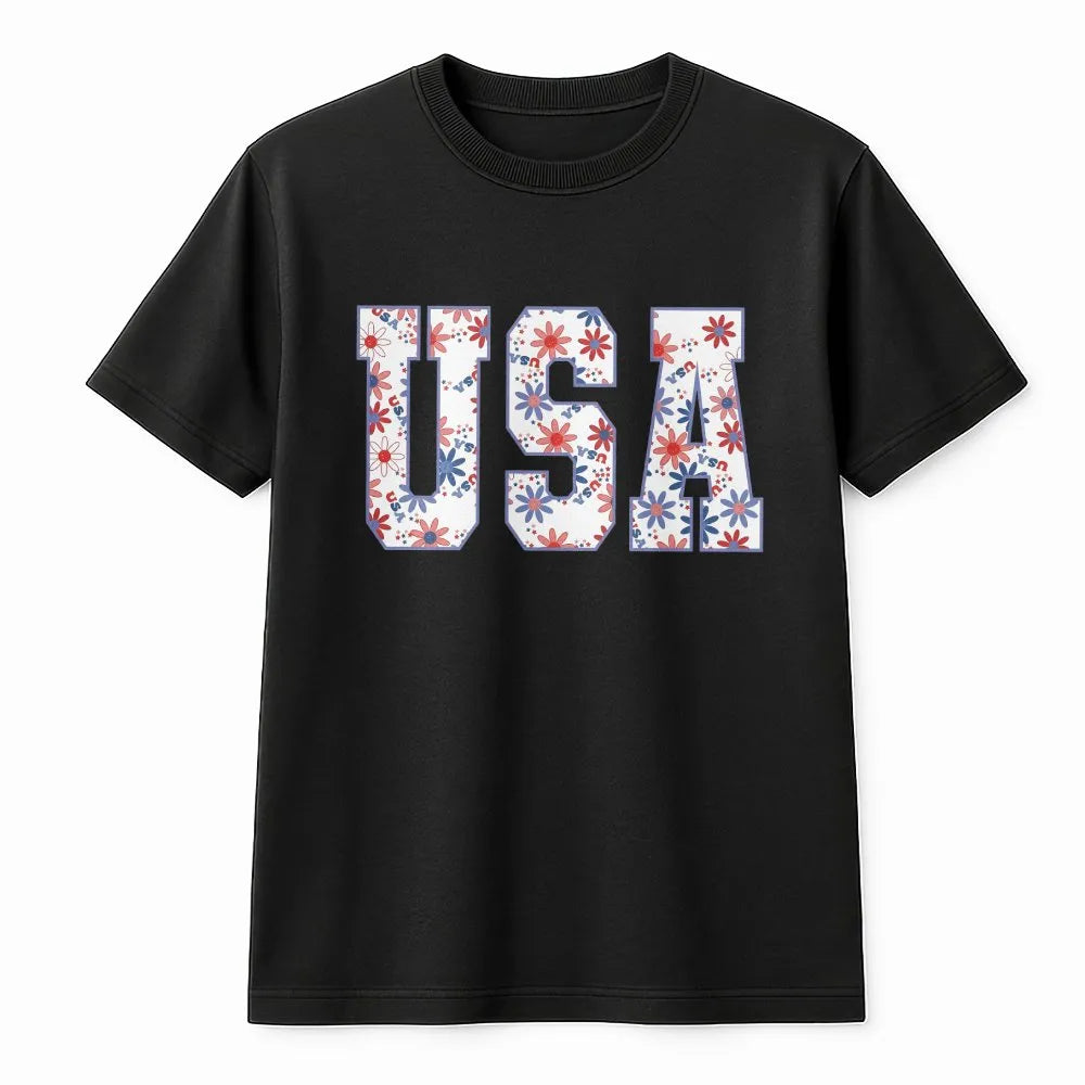 Patriotic USA T-Shirt | Red White and Blue Floral Print | Soft Unisex T-Shirt | 4th of July Independence Day Gift