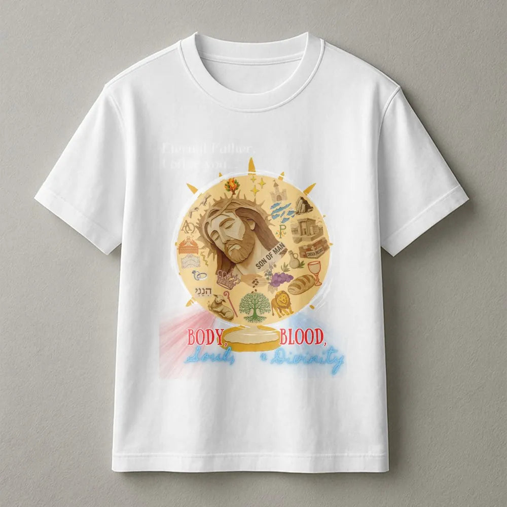 Divine Mercy T-Shirt | Body Blood Soul Divinity Graphic | Premium Cotton Blend | Catholic Christian Religious Gift