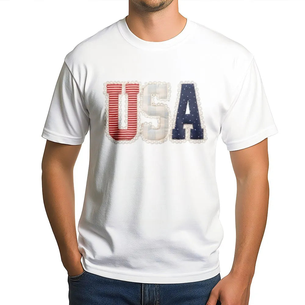 Preppy USA T-Shirt | Coquette Faux Patchwork Graphic | Soft Cotton Blend | Patriotic Independence Day Gift for Her