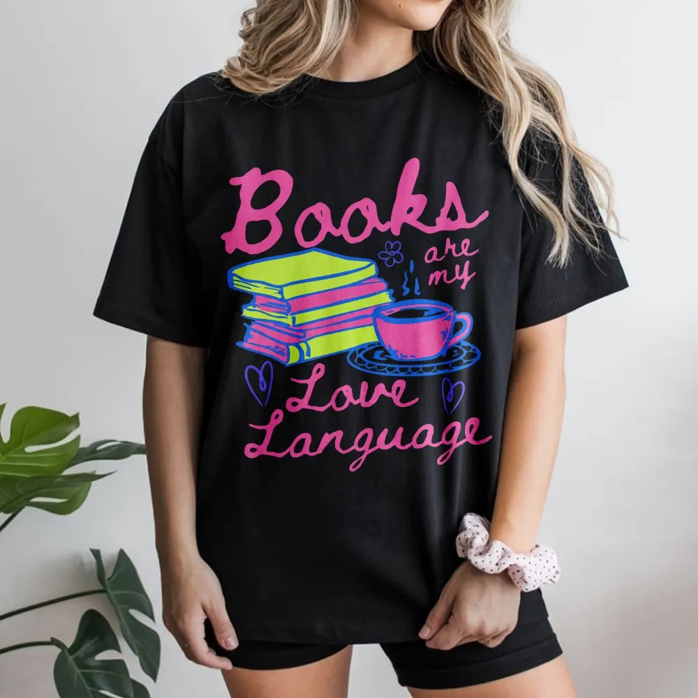 Books are my Love Language T-Shirt | Cute Book Stack Graphic | Soft Cotton Blend | Gift for Readers and Librarians