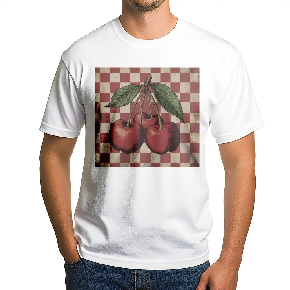 Vintage Cherry T-Shirt | Retro Checkerboard Fruit Graphic | Soft Cotton-Poly Blend | Y2K Aesthetic Gift for Women