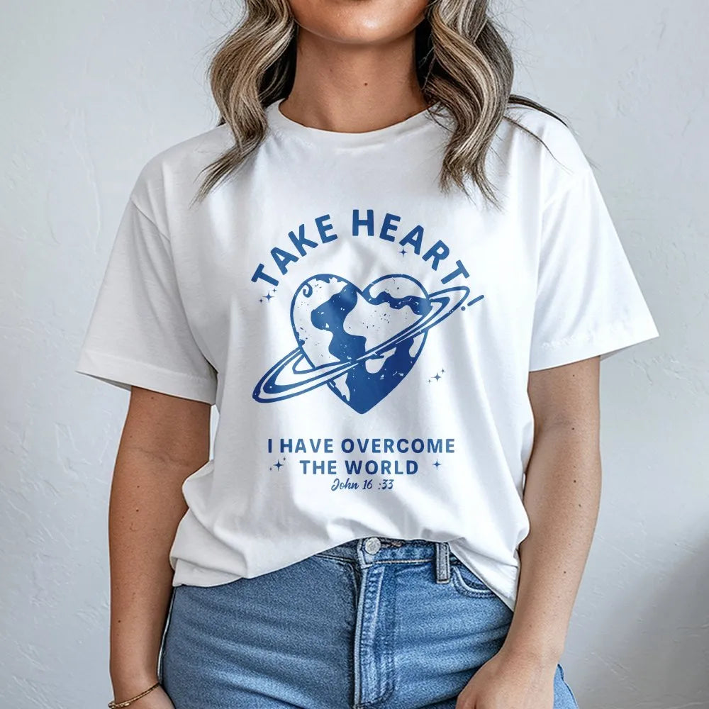 Christian T-Shirt | Take Heart John 16:33 Graphic | Soft Cotton Faith Tee | Religious Easter Gift for Men and Women