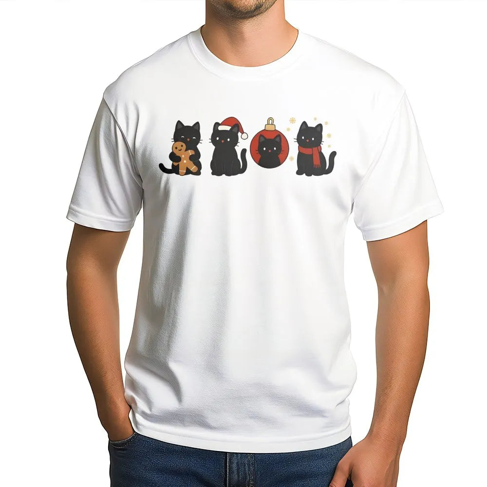 Black Cat Christmas T-Shirt | Festive Holiday Kittens Graphic | Soft Cotton Premium Tee | Cute Animal Lover Gift