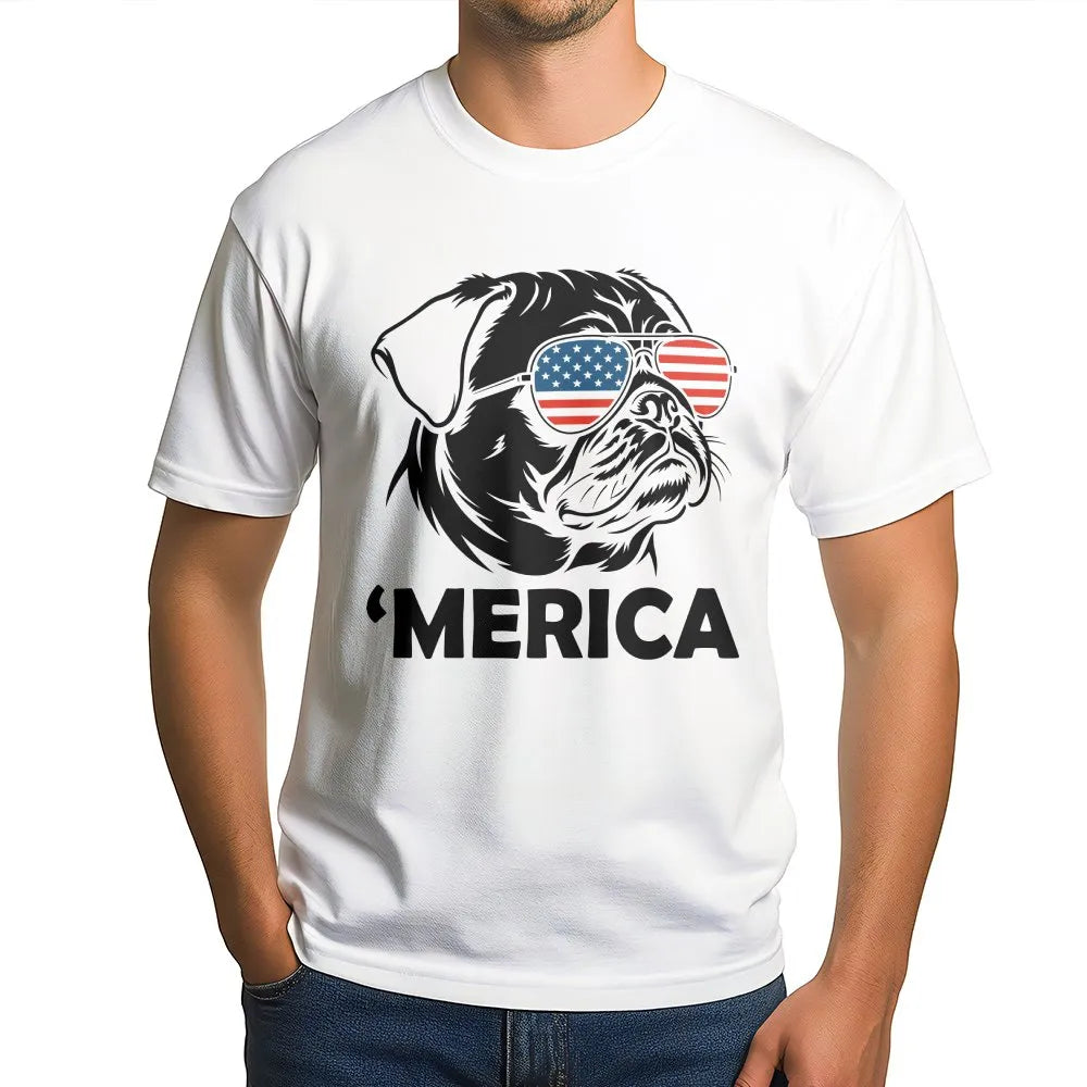 Funny Merica Pug Sweatshirt | Patriotic Dog with USA Flag Glasses | Cozy Unisex Crewneck | 4th of July Party Gift