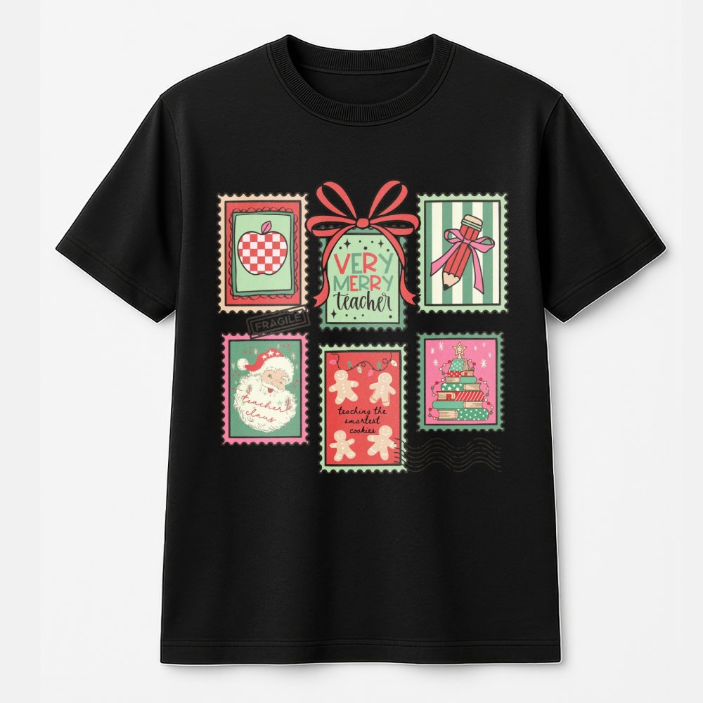 Teacher Christmas T-Shirt | Vintage Stamp Holiday Design | Premium Soft Cotton | Cute Educator Appreciation Gift