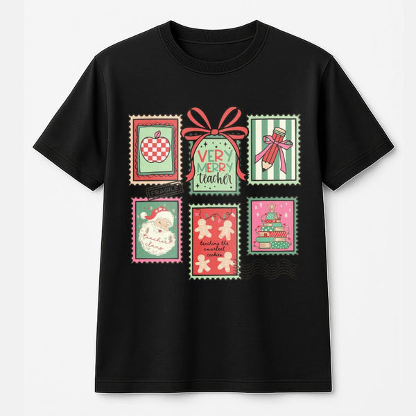 Teacher Christmas T-Shirt | Vintage Stamp Holiday Design | Premium Soft Cotton | Cute Educator Appreciation Gift