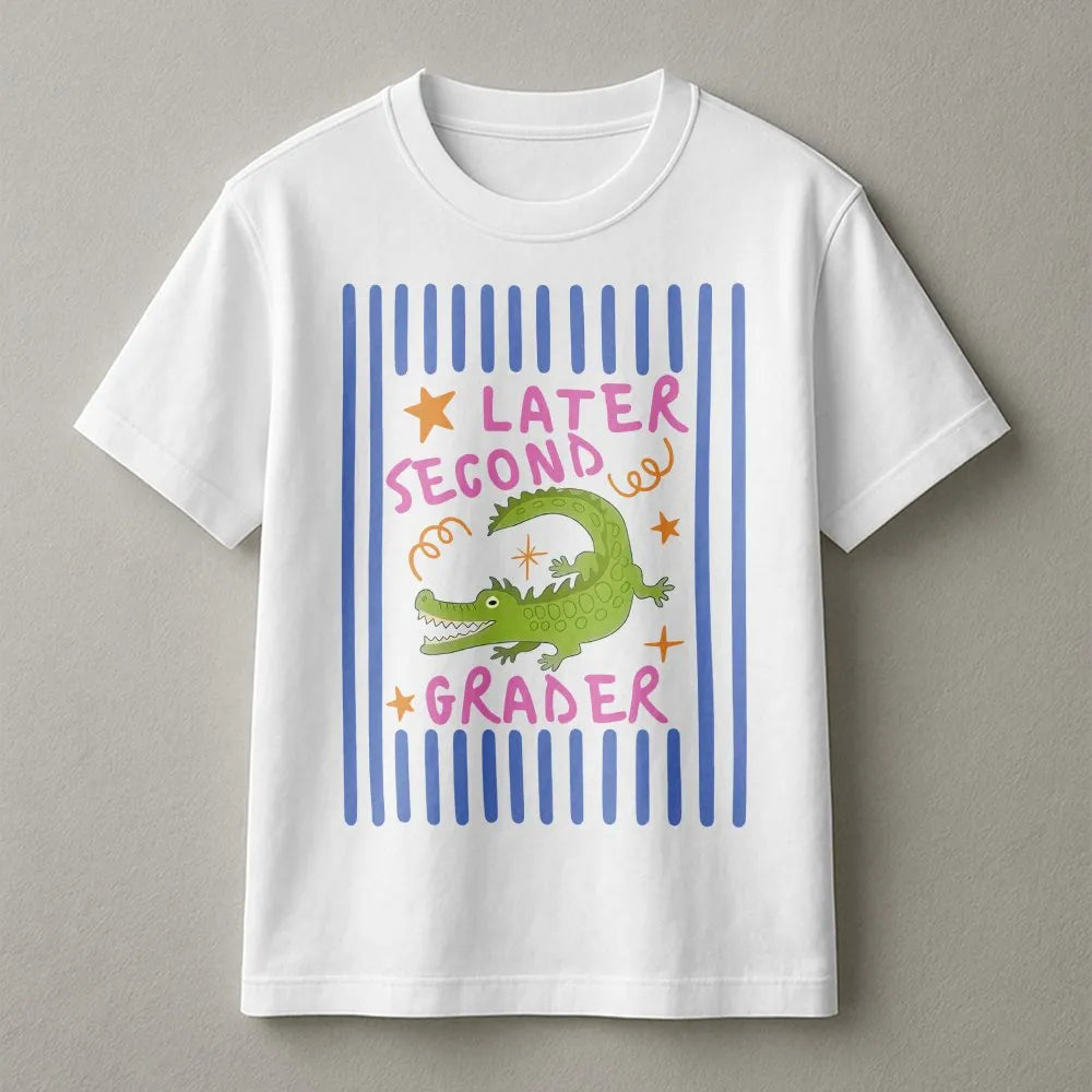 Later Second Grader T-Shirt | Funny Alligator Last Day of School Pun | Soft Cotton Tee | Gift for 2nd Grade Student