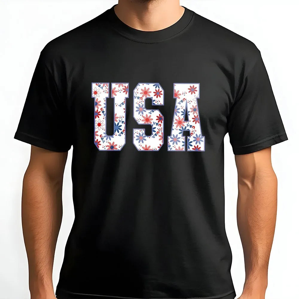 Patriotic USA T-Shirt | Red White and Blue Floral Print | Soft Unisex T-Shirt | 4th of July Independence Day Gift