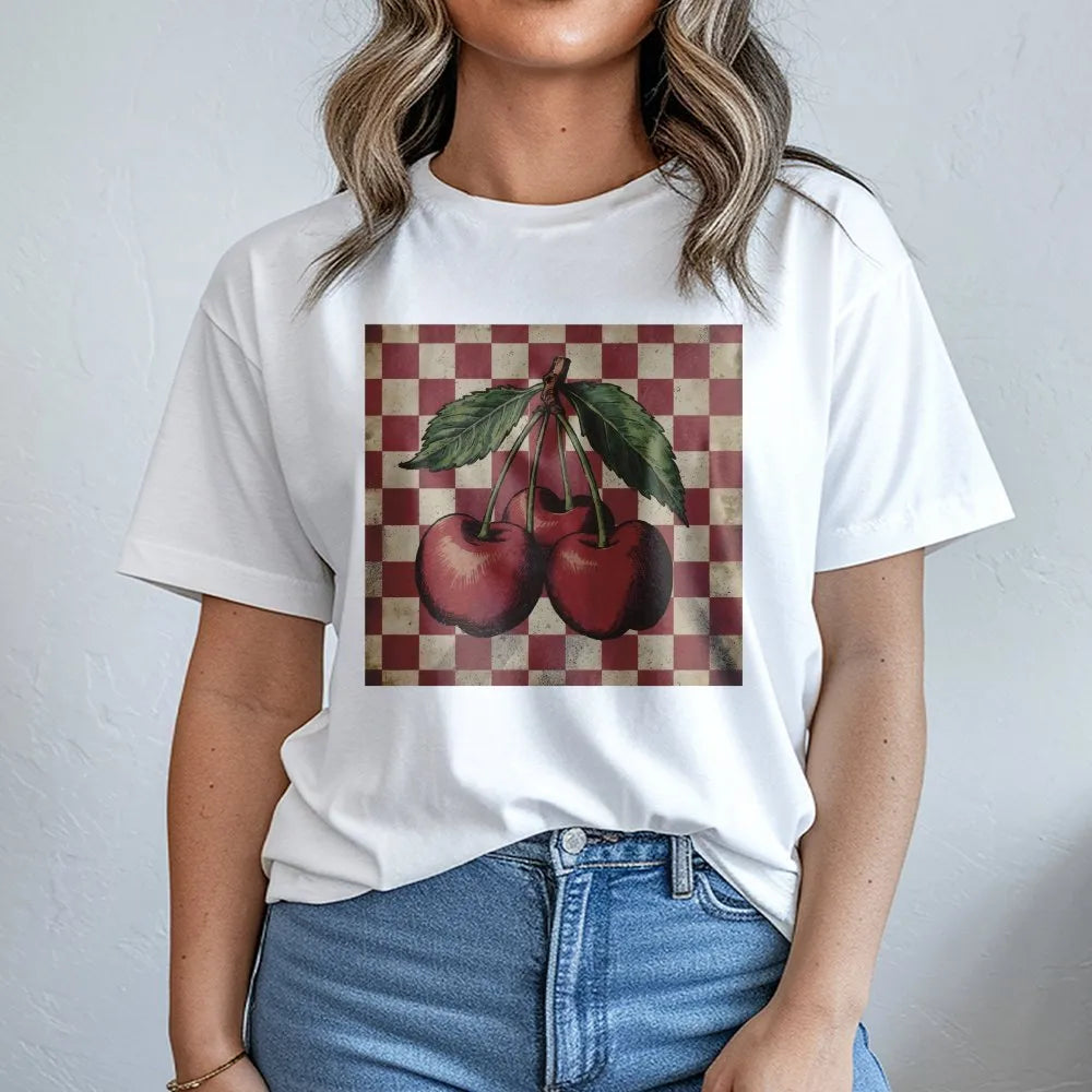 Vintage Cherry T-Shirt | Retro Checkerboard Fruit Graphic | Soft Cotton-Poly Blend | Y2K Aesthetic Gift for Women